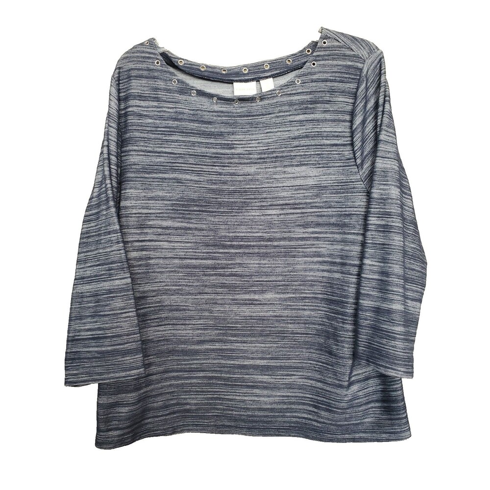 Chico's Blue/Gray Striped Grommet Neckline 3/4 Sleeve Knit Top Size 3 (XL)